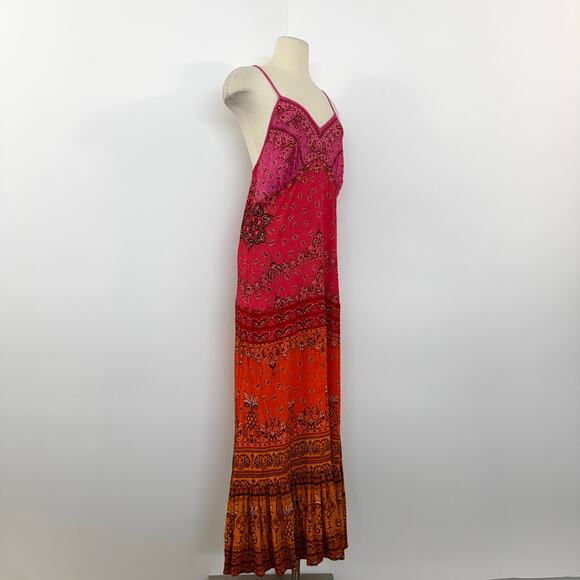 Farm Rio Maxi Dress Pink Orange Sunset Paisley Print Boho Coverup | Small - Picture 4 of 14